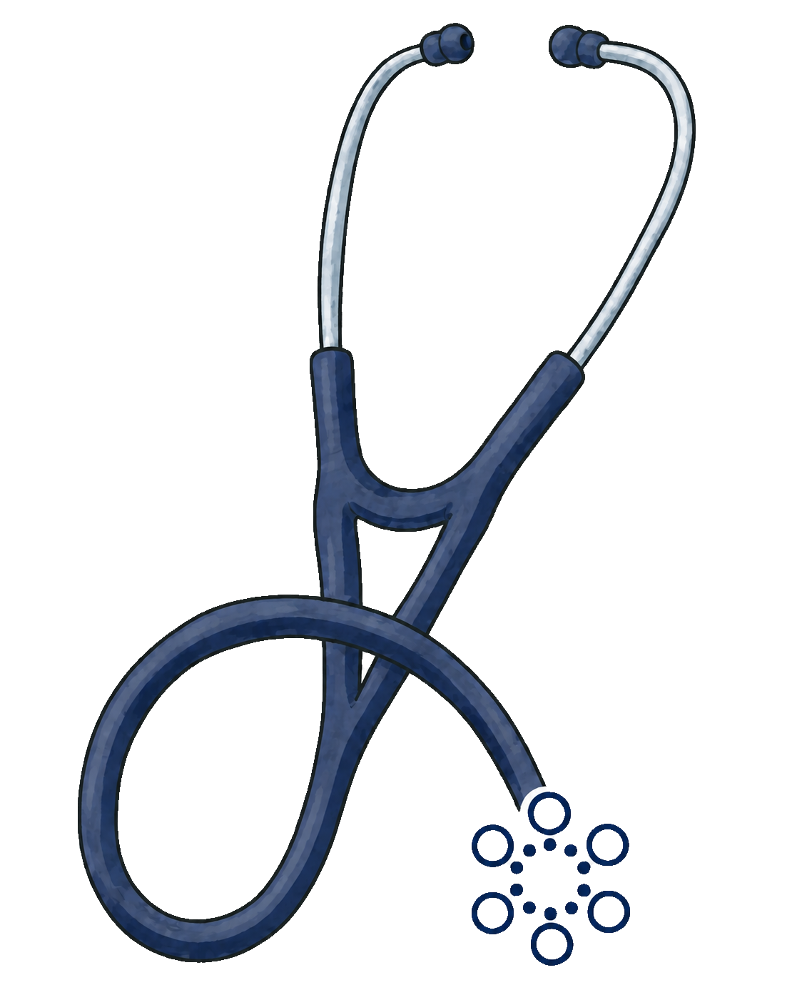 Illustrated navy stethoscope with the OneLine Health symbol as its chestpiece