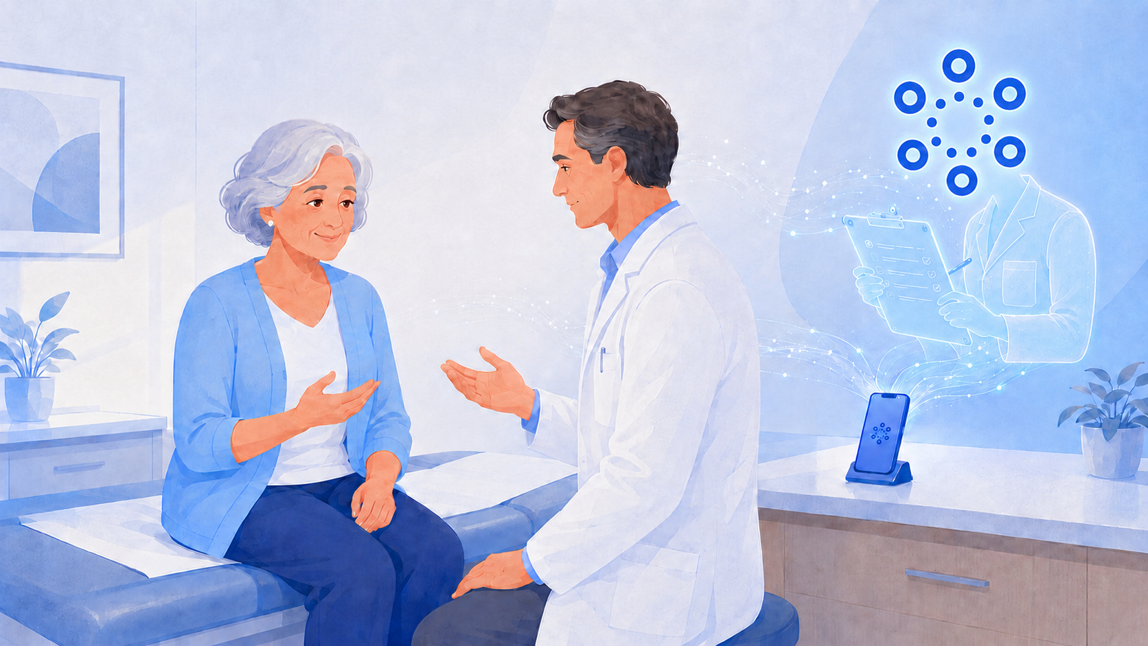A physician speaks with a patient while unobtrusive ambient documentation support organizes encounter information in the background.