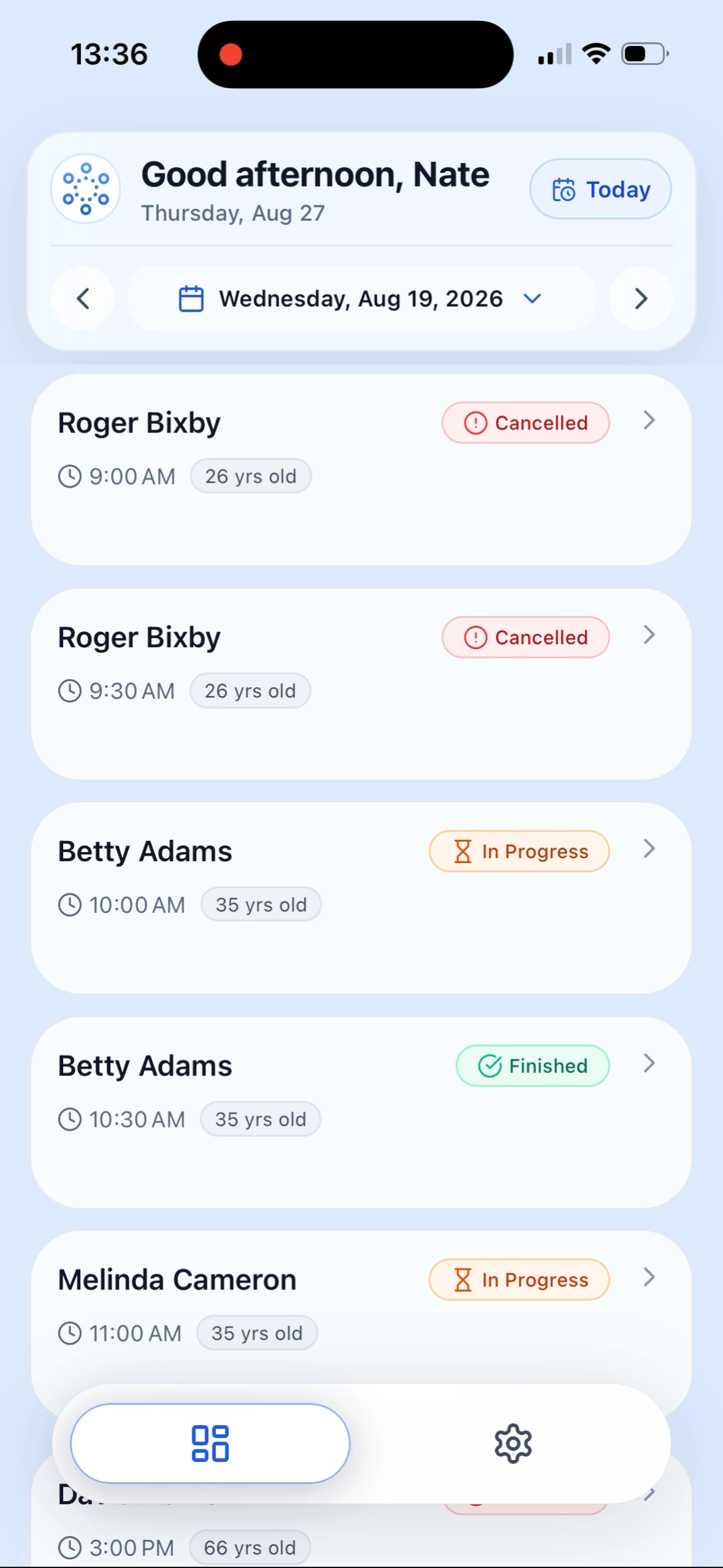 OneLine mobile dashboard showing a physician’s daily schedule