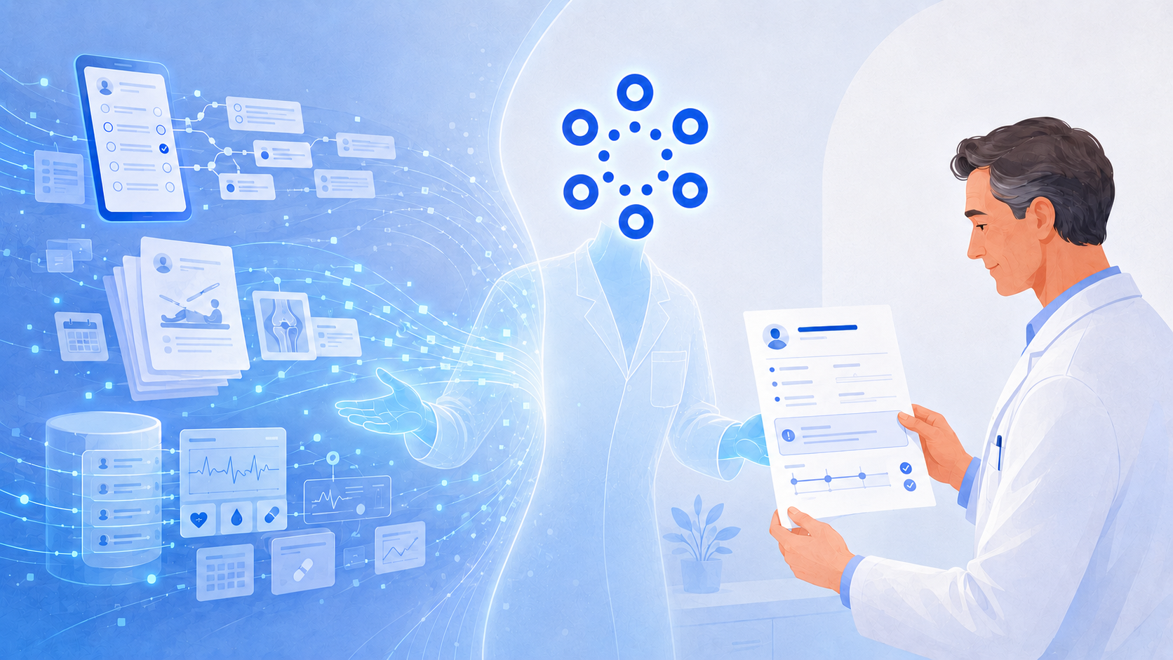 Patient intake responses and relevant clinical information converge into an organized pre-visit summary reviewed by a physician.