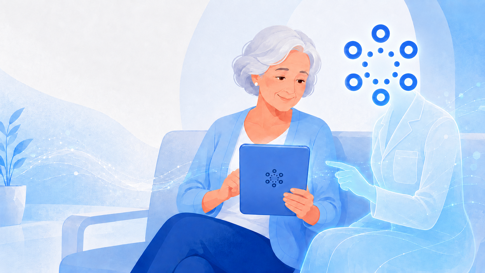 A patient completes intake on a tablet while a digital assistant adapts the experience using connected information and new responses.